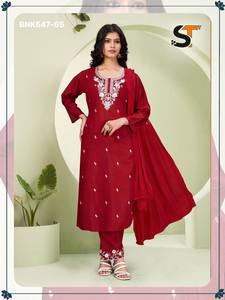 Vêtements ethniques en soie romaine avec broderie de sequins, pantalon, kurti et dupatta, achat en ligne en Inde, approvisionnement en gros d'usine - Product Image 3