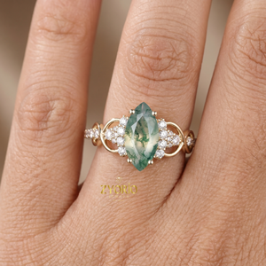 Bague de fiançailles en or 18 carats avec agate mousse marquise, bague halo torsadée infini de luxe - Product Image 1