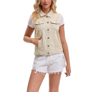 Gilet en jean ample pour femmes, col rabattu, bouton unique, sans manches, respirant, couleur unie, gilet en jean uni - Product Image 3