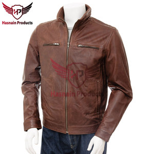 Blouson de motard en cuir véritable marron pour homme, col montant, en cuir de vachette, épaules matelassées, poches zippées, personnalisé, classique, chaud pour l'hiver - Product Image 6