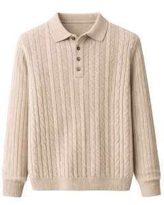 <b>Mens</b> Vertical <b>Cable</b> <b>Knit</b> Polo <b>Sweater</b> Long Sleeve Button Neck Soft Winter Pullover Top In Beige For Wholesale Bulk Orders - Product Image 1