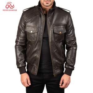 ใหม่แจ็กเก็ตหนังสีดำและน้ำตาลสำหรับผู้ชายแจ็คเก็ตบอมเบอร์ประดับหมุดสำหรับนักขี่มอเตอร์ไซค์ - Product Image 1