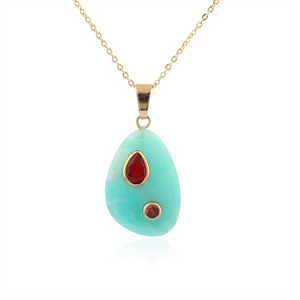 Bijoux de luxe, pendentif fantaisie en amazonite naturelle avec breloques en oxyde de zirconium rouge, chaîne en câble plaqué or 18 carats, collier statement - Product Image 1