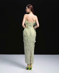 3D Floral Bodycon Gown Long Pastel Green Evening <b>Dress</b> Figure Hugging to Flatter Seductive Curves Made in Vietnam - Product Image 3