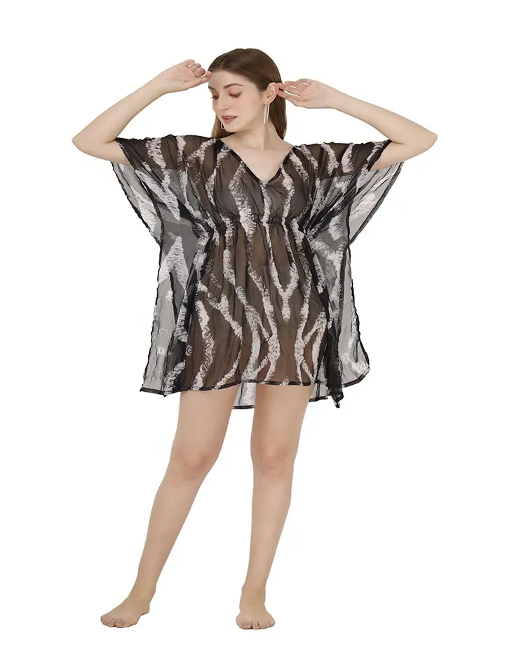 Mới nhất mới đến động vật in thiết kế 100% poly chiffon bãi biển caftan beachwear đồ bơi 2024 màu đen bơi Cover-up cho phụ nữ