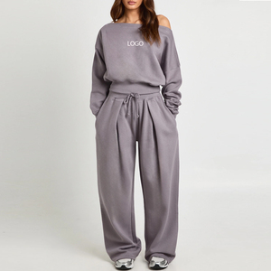 Survêtement femme à épaules tombantes, prix de gros, logo personnalisé, tissu doux, design économique avec taille élastique et cordon de serrage - Product Image 1