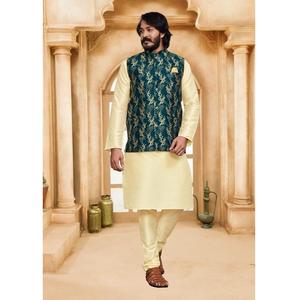 Mens Heavy Look Kurta Pyjama Set With Stylish Koti In Silk Kurti For Festive And Wedding Wear - Product Image 1