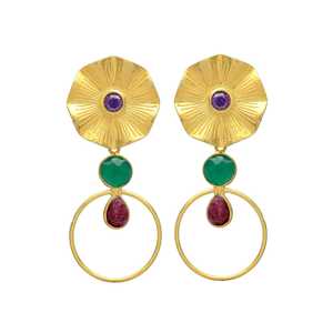 Pendiente de gota circular de rubí hidro y ónix verde con cabeza de flor, pendiente de piedras preciosas, pendiente hecho a mano, pendiente de último diseño - Product Image 1