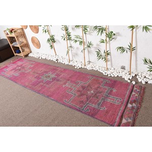 Alfombra turca Vintage bohemia de 2,7x11,4 pies, rosa, Beige, diseño de retazos, Material de lana, respaldo de látex para entrada, cabecera, nuevo - Product Image 1