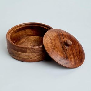 Cazuela redonda de madera vintage con tapa, diseño elegante hecho a mano, ideal para servir comidas calientes y almacenar alimentos para la cocina - Product Image 2