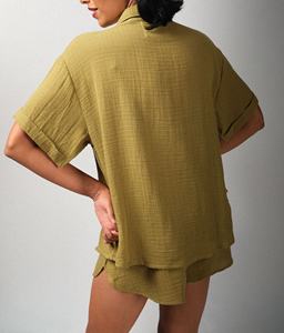 Women's 100% Cotton Eco-Friendly Breathable Garment Dyed Sleep <b>Shirt</b> High Quality <b>Half</b> Sleeve Lace Decorative <b>Button</b> Casual - Product Image 3