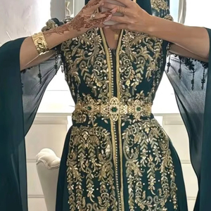 Designer-Broderie avec pierre embellie, Dabka, perles travaillées sur Beau Caftan à manches longues & Voile pour mariage = 2025 - Product Image 1