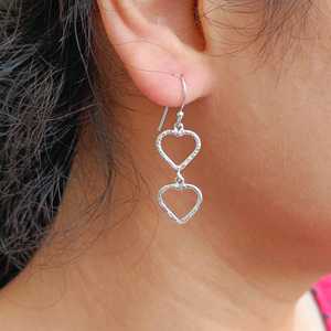 925 <b>Solid</b> Sterling <b>Silver</b> Dual Heart Drop <b>Earrings</b> for Girls Minimalist Design with Dangling <b>Silver</b> Finish - Product Image 1