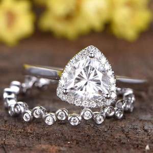 Anillo de compromiso con corte trillion, anillo de bodas de diamantes, 2 anillos, anillo de promesa de diamantes de eternidad completa - Product Image 4