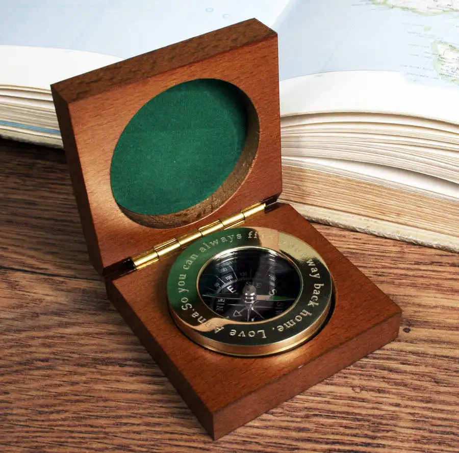 Brújula Náutica de latón en caja de madera, brújula puntiaguda de latón hecha a mano, regalo de promoción, logotipo de empresa grabado
