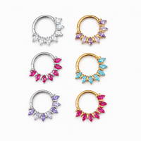 Anneau clicker segmenté articulé en titane ASTM F136 plaqué or 18K, 16G, avec zircon cubique taille marquise, pour piercing de septum et cartilage nasal