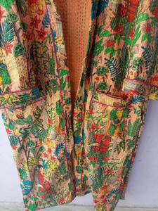 Veste Kimono Réversible en Coton Kantha Unisexe, Robe à Fleurs de Luxe Faite à la Main, Manteau Pêche Tropicale avec Cordon, pour Tenue Décontractée Printemps - Product Image 4