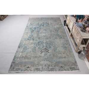 Alfombra Turca, Alfombra Vintage de 5.9x11.2 pies, Alfombra de Lana a Rayas Azul Gris - Product Image 1