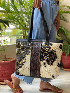 มือเครื่องมือแกะสลักกระเป๋าถือ Tote กระเป๋าหนัง Cowhide จริงผมบนซ่อนขนสัตว์กระเป๋าขนาดใหญ่คอลเลกชันสุภาพสตรีกระเป๋า - Product Image 3