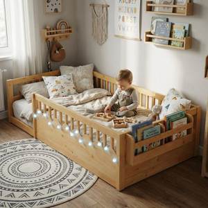Wood Kids Bed Frame with Guardrails Children <b>Bedding</b> Rail Bed for Bedroom - Product Image 3