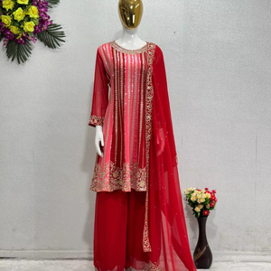 Salwar Kameez traditionnel 3 pièces pour femmes indiennes pakistanaises tissu Georgette avec travail de broderie pour les fêtes et les mariages - Product Image 1