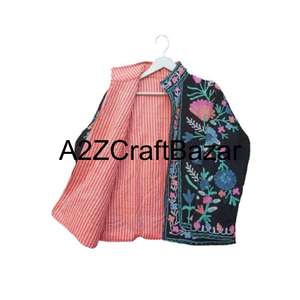 Veste en velours bohème à fleurs brodée à la main, veste imprimée pour femmes avec doublure en laine, vestes Suzani faites à la main - Product Image 4