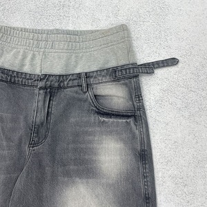 Short en jean double taille personnalisé OEM, style streetwear, délavé à l'acide, patchwork vintage, jorts délavés au soleil, short en jean pour hommes - Product Image 5