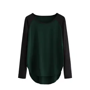 Performance Fit 95% Cotton 5% Spandex Fitted Long Sleeves Raglan Shaped Crew Neckline Women Blackout T-Shirts with Scoop Hem