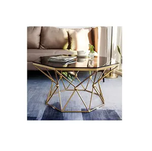 Antique Round Shape Gold Color Side Table Stool para Sala de Estar Modern Side Table Stool com vidro preto Mesa Final Única