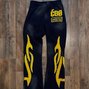 Hot selling Custom Vintage Zip Up Applique <b>Embroidery</b> Breathable Loose Fit Distressed Flare Pants & hoodie <b>sets</b> for men - Product Image 5