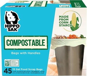 Sacs compostables pour cuisine Hippo Sak - 13 gallons, hauts, avec poignées ergonomiques - Fond renforcé et sacs anti-fuites (45 unités) - Product Image 1