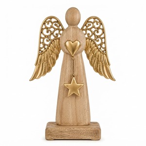 Figurine d'ange en bois avec ailes dorées, cœur et étoile, décoration de table, ornement de Noël, style traditionnel - Product Image 1