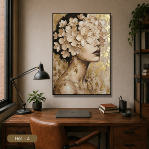 Cuadro Moderno de Mujer con Flores de HALO, Impresión en Lienzo con Hoja de Oro, Arte H61-4, Decoración de Interiores Enmarcada - Product Image 3