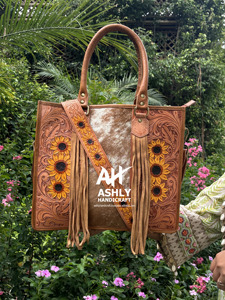 Bolso de Cuero con Flecos de Piel de Vaca, Estilo Bohemio, con Diseño Floral Tallado, Bolso de Mano de Cuero para Mujer, Superventas - Product Image 3