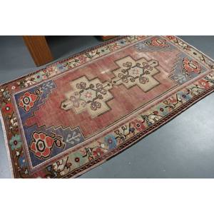 Auténtica alfombra turca de área grande 4,1 X 7.3ft hecho a mano rojo azul diseño de retazos lana látex forma rectangular para uso en la habitación del pasillo - Product Image 2