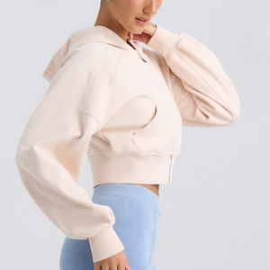 Sudadera con capucha recortada elegante para mujer con bordado de impresión de logotipo personalizado OEM ODM directo de fábrica proveedor informal - Product Image 3
