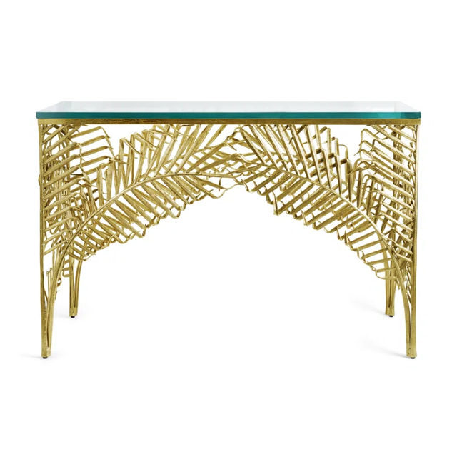 Luxurious Metal Attractive Look Palm Console Table Gold Finished Handmade Wall Side Entryway Table With Marble Top Furniture