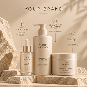 Ensemble de soins capillaires en marque blanche : Sérum pour le cuir chevelu, Shampoing sans sulfate, Masque de traitement – Fabricant OEM/ODM, Emballage plastique et verre personnalisé - Product Image 1