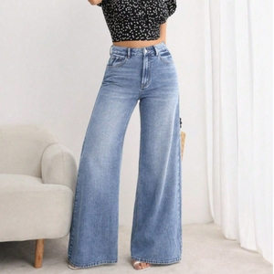 กางเกงยีนส์ทรงหลวมลำลองแนวสตรีทสูงกางเกงขากว้างระบายอากาศได้ดีกางเกงซักสีฟ้าตกแต่งทาสีสำหรับฤดูหนาว - Product Image 1