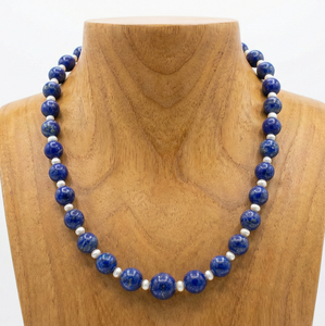 Women's 18-Inch Silver 925 Gold <b>Beaded</b> Necklace Natural Lapis Lazuli High Quality Handcrafted Geometric Trendy Gift - Product Image 4