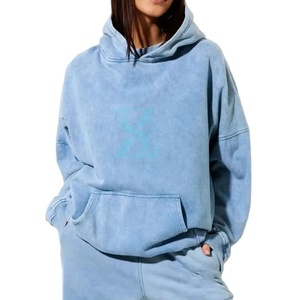 Hot New Design OEM Sky Blue Conjunto de chándal de lavado ácido para mujer Traje de sudor Vintage Wash Oversize Chándal de hombro caído para mujer - Product Image 3
