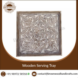 Gran oferta, bandeja para servir tallada en madera MDF cuadrada grande con asas, exportador indio, uso multiusos para comida casera, bandejas de precio barato - Product Image 3