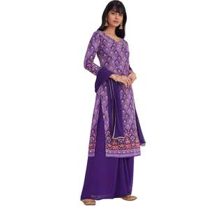 Vente en gros de vêtements ethniques violets, ensemble Kurta de travail avec miroir imprimé et palais évasé, tenue personnalisée de fournisseur de vêtements OEM pour femmes - Product Image 1