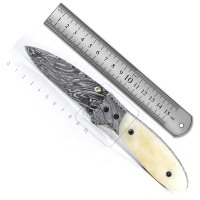 Couteau pliant en acier Damas fait main, lame de 90 mm, manche en bois d'olivier, multi-outils de survie pour l'extérieur, idéal pour le bushcraft - Vente chaude