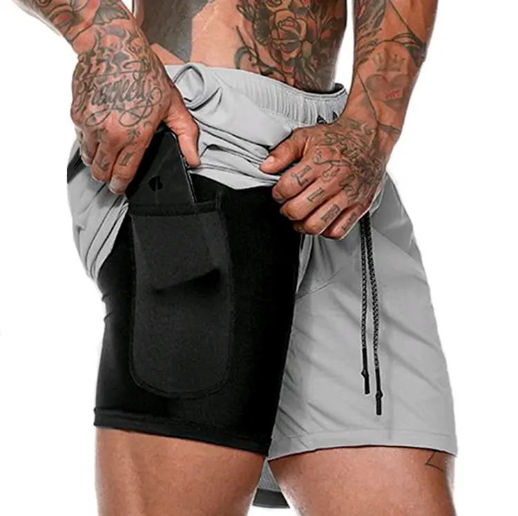 Troncos de natação dos homens personalizados rápida seca praia Shorts para homens preto e cinza Swim Shorts Swimwear com forro de compressão