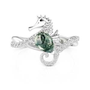 Jeulia Hug Me Rose Gold Plated Stainless Steel Moss Agate Seahorse Engagement <b>Ring</b> - Product Image 1