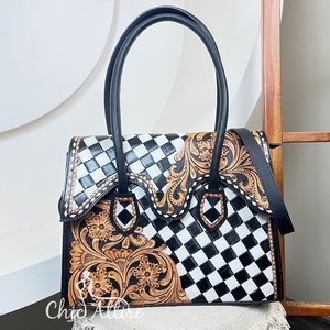 Bolso bandolera con patrón de tablero a cuadros blanco y negro Vintage de lujo para mujer, bolso de mano de cuero genuino para mujer - Product Image 1