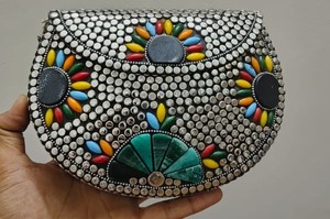Bolso de mano de noche de lujo con mosaico de Metal elegante hecho a mano para Bodas de mujer, bolso de hombro de fiesta a la moda con patrón de piedra - Product Image 2