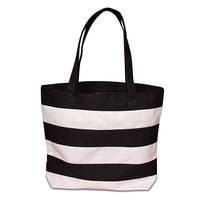 Tas Fashion Berlapis Kain Kanvas dengan Ritsleting/Bukaan Terbuka, Warna Solid, Garis Horizontal, Portabel dengan Hiasan Rantai