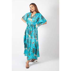 Hermoso vestido de algodón Abaya Kaftan para mujer, Estampado de jungla a mano, ropa de playa de tamaño libre con mangas, traje de baño, cubierta de Bikini - Product Image 2